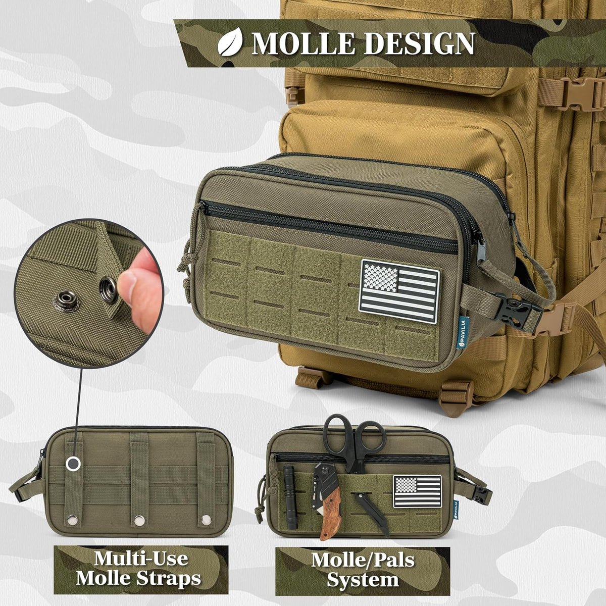 PAVILIA Tactical Toiletry Bag Men, Water Resistant Molle Military, Olive