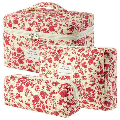 HBselect Quilted Makeup Bag, 3Pcs Cotton Large Travel Makeup Bags Organizer
