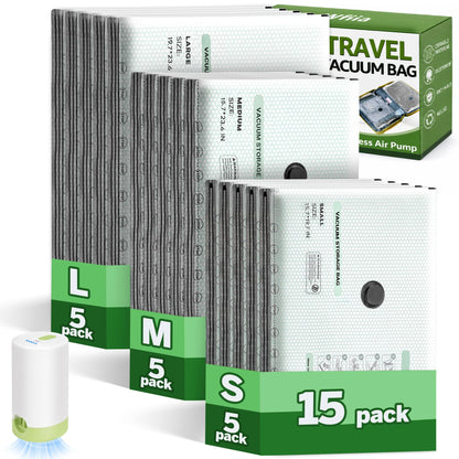 15 Packs Vacuum Bags for Travel with Rechargeable Pump, 3 Sizes Heavy Duty Vacuum Seal Bags for Clothing, Compression Vacuum Travel Bags for Luggage, Vacuum Packing Bags for Closet Organization