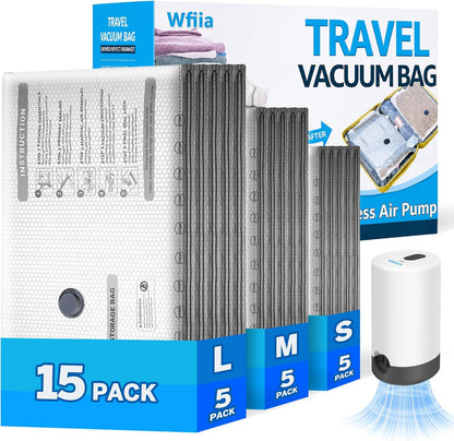 15 Packs Vacuum Bags for Travel with Rechargeable Pump, 3 Sizes Heavy Duty Vacuum Seal Bags for Clothing, Compression Vacuum Travel Bags for Luggage, Vacuum Packing Bags for Closet Organization