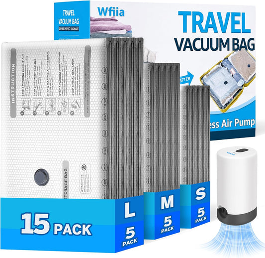 15 Packs Vacuum Bags for Travel with Rechargeable Pump, 3 Sizes Heavy Duty Vacuum Seal Bags for Clothing, Compression Vacuum Travel Bags for Luggage, Vacuum Packing Bags for Closet Organization