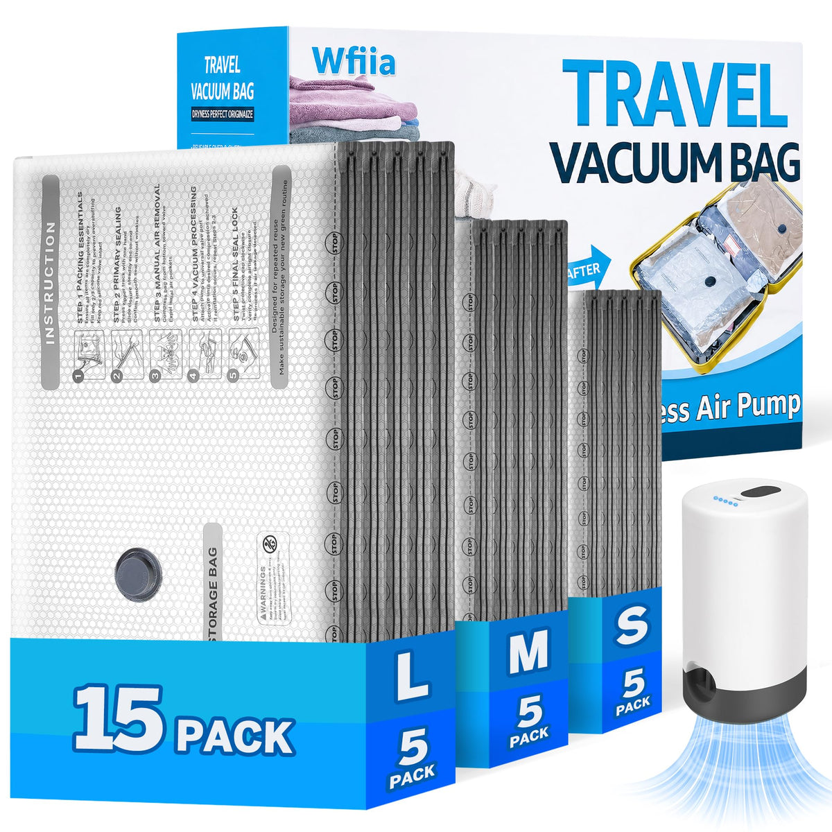 15 Packs Vacuum Bags for Travel with Rechargeable Pump, 3 Sizes Heavy Duty Vacuum Seal Bags for Clothing, Compression Vacuum Travel Bags for Luggage, Vacuum Packing Bags for Closet Organization