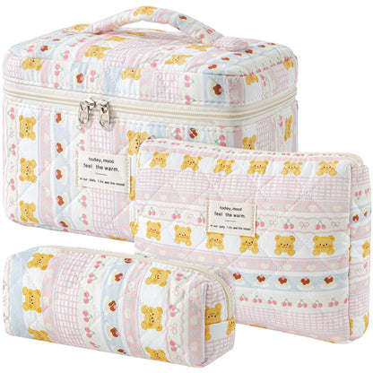 HBselect Quilted Makeup Bag, 3Pcs Cotton Large Travel Makeup Bags Organizer
