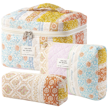 HBselect Quilted Makeup Bag, 3Pcs Cotton Large Travel Makeup Bags Organizer