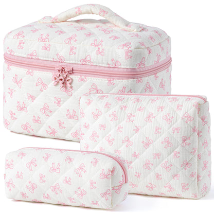 HBselect Quilted Makeup Bag, 3Pcs Cotton Large Travel Makeup Bags Organizer
