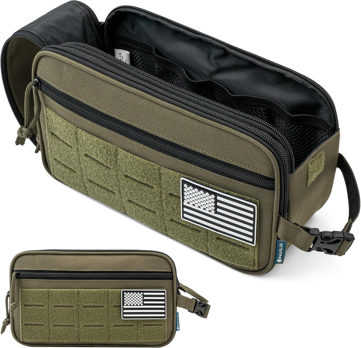 PAVILIA Tactical Toiletry Bag Men, Water Resistant Molle Military, Olive
