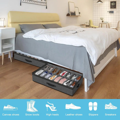2 Pack Under Bed Storage Shoe Organizer Bags for Wardrobe Under Bed Storage Bedding With Sturdy Handles and Clear Window