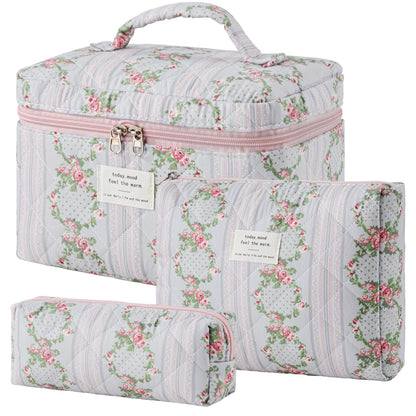 HBselect Quilted Makeup Bag, 3Pcs Cotton Large Travel Makeup Bags Organizer