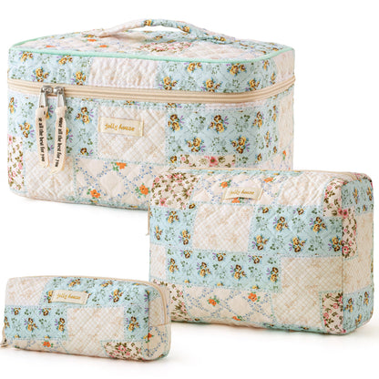 HBselect Quilted Makeup Bag, 3Pcs Cotton Large Travel Makeup Bags Organizer