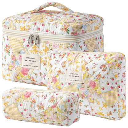 HBselect Quilted Makeup Bag, 3Pcs Cotton Large Travel Makeup Bags Organizer