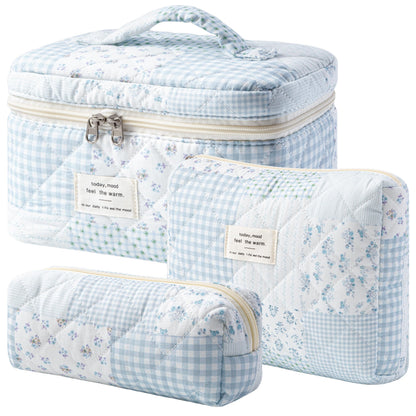 HBselect Quilted Makeup Bag, 3Pcs Cotton Large Travel Makeup Bags Organizer