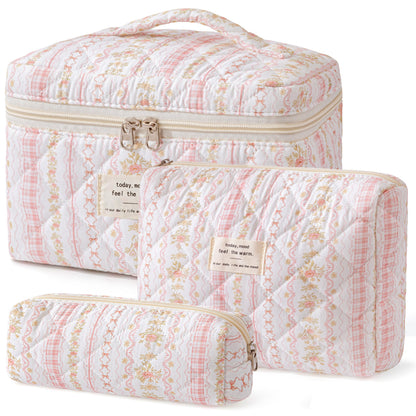HBselect Quilted Makeup Bag, 3Pcs Cotton Large Travel Makeup Bags Organizer
