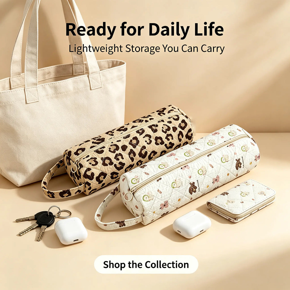 Quilted Multi‑Purpose Storage Bag, Portable Zipper Cosmetic Makeup Pouch with Handle, Large Capacity Travel Toiletry Organizer for Bathroom Office