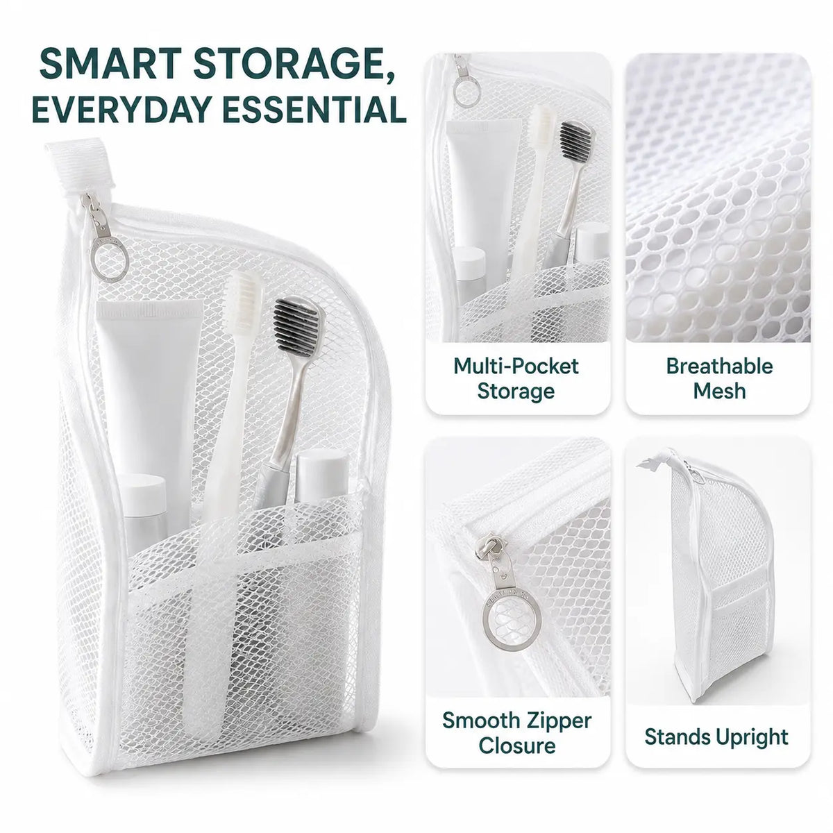 Mesh Zipper Toiletry Storage Pouch, Multi-Pocket Travel Cosmetic Organizer Bag, Breathable Bathroom Counter Storage for Toiletries, Makeup & Daily Essentials