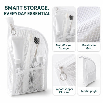 Mesh Zipper Toiletry Storage Pouch, Multi-Pocket Travel Cosmetic Organizer Bag, Breathable Bathroom Counter Storage for Toiletries, Makeup & Daily Essentials