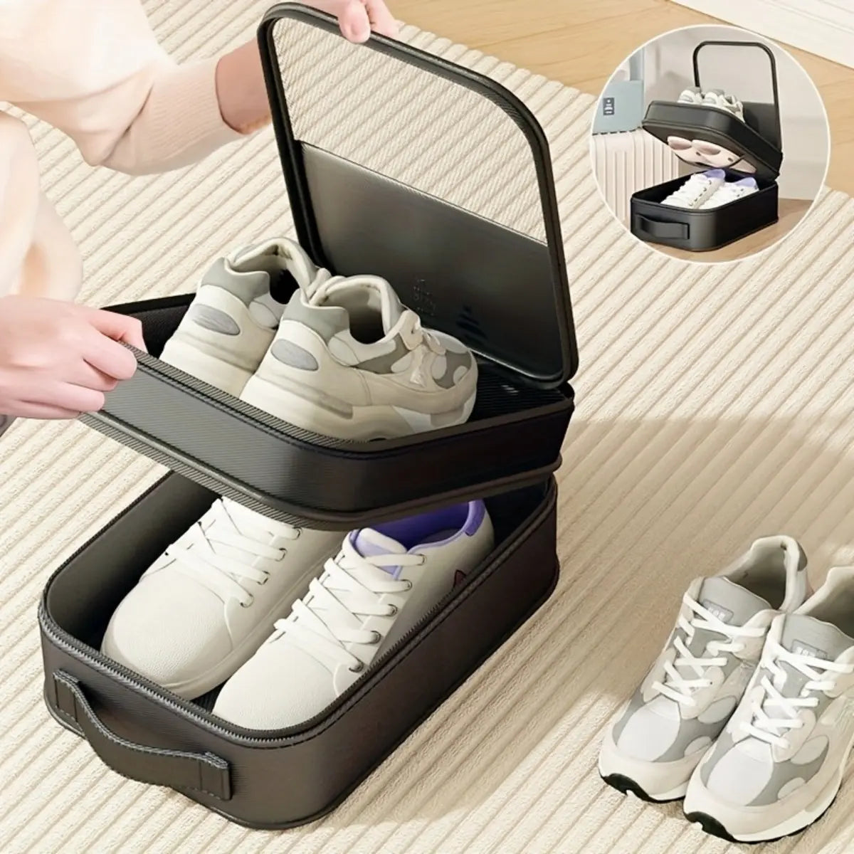 Travel Shoe Storage Organizer Bag, Large Capacity 3-Pair Hold with Dustproof PVC Cover, Breathable Fabric, and Handle