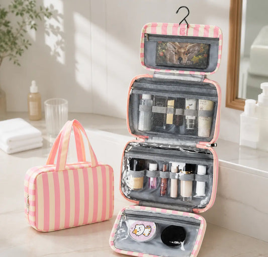 Hanging Toiletry Bag for Women, Striped Travel Makeup Cosmetic Organizer Case with Metal Hook, Large Capacity Portable Wash Bag with Clear Pockets for Bathroom & Vacation