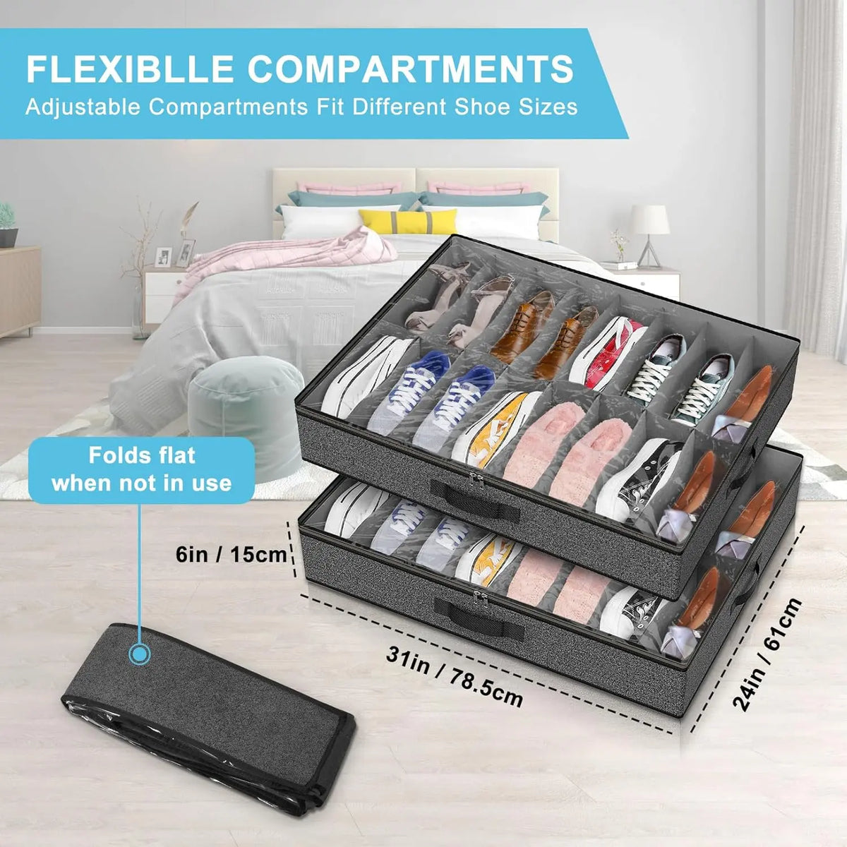 2 Pack Under Bed Storage Shoe Organizer Bags for Wardrobe Under Bed Storage Bedding With Sturdy Handles and Clear Window