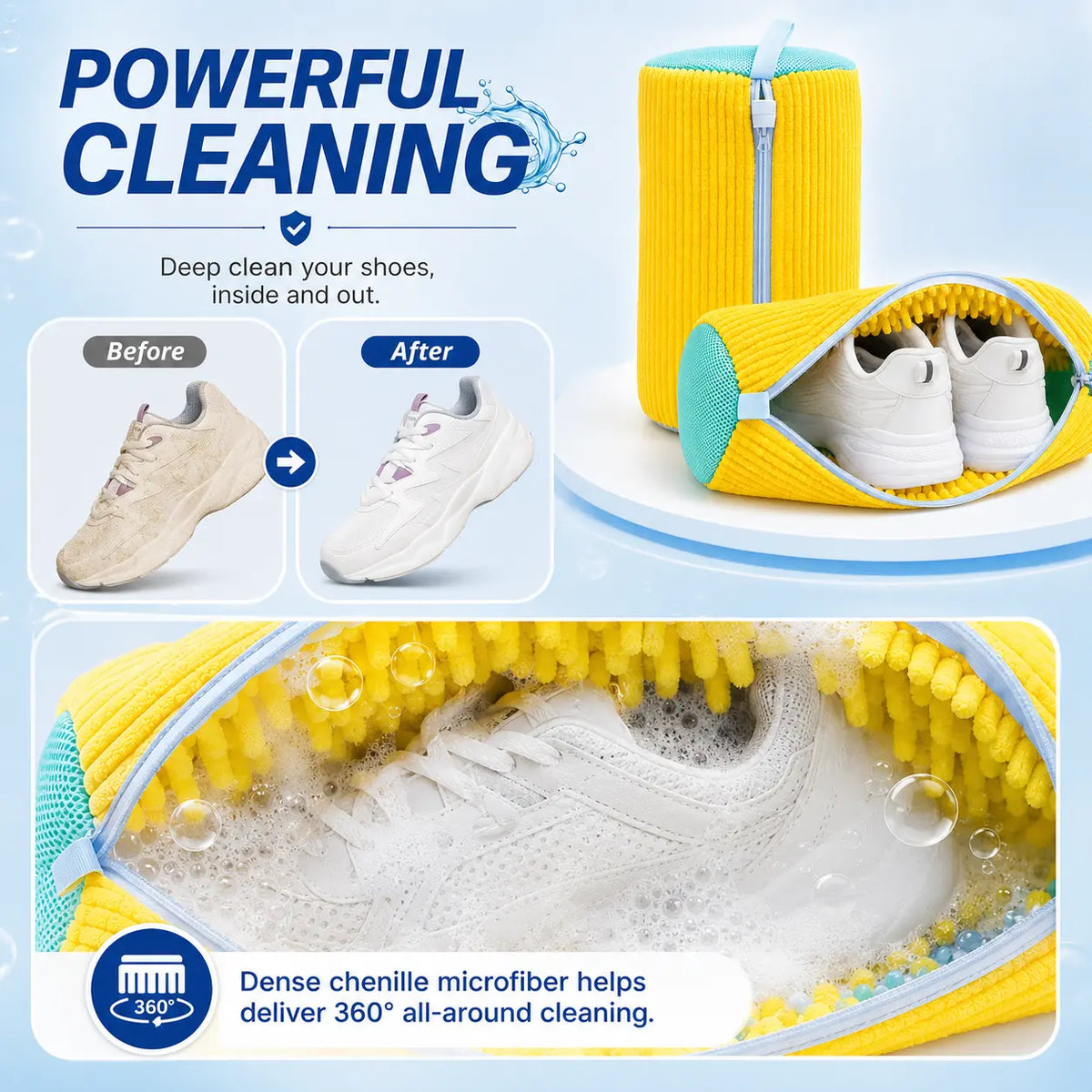 Machine Washable Shoe Washing Bag with Soft Chenille Microfiber, Reusable Sneaker Laundry Bag with Zipper & Breathable Mesh, Protective Shoe Wash Bag for Washing Machine