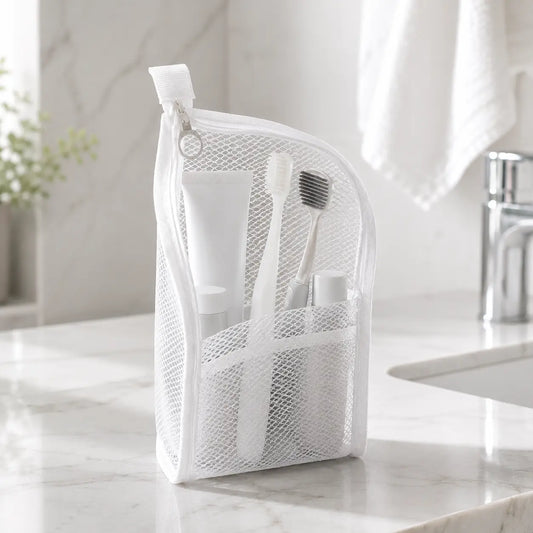 Mesh Zipper Toiletry Storage Pouch, Multi-Pocket Travel Cosmetic Organizer Bag, Breathable Bathroom Counter Storage for Toiletries, Makeup & Daily Essentials