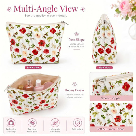 1pc Corduroy Floral Makeup Bag for Women Large Capacity Cosmetic Organizer Travel Toiletry Pouch with Zipper Closure Portable Beauty Storage Case for Skincare Makeup Accessories Daily Use Vacation Birthday Gift Holiday Gift
