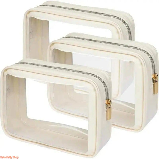 3-Piece Multifunctional Toiletry Bag Set, Transparent Front Color-Edged Pouch, Spacious Storage for Travel Use & Car Console Organization, Beige Fashion Accessory