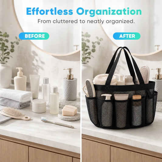 MOMOGILI Mesh Shower Organizer Bag - 8-Pocket Large Capacity Cosmetic Toiletry Kit with Travel Containers, Portable Vanity Bag & Makeup Pouch for College Dorms, Gym