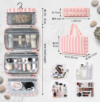 Hanging Toiletry Bag for Women, Striped Travel Makeup Cosmetic Organizer Case with Metal Hook, Large Capacity Portable Wash Bag with Clear Pockets for Bathroom & Vacation