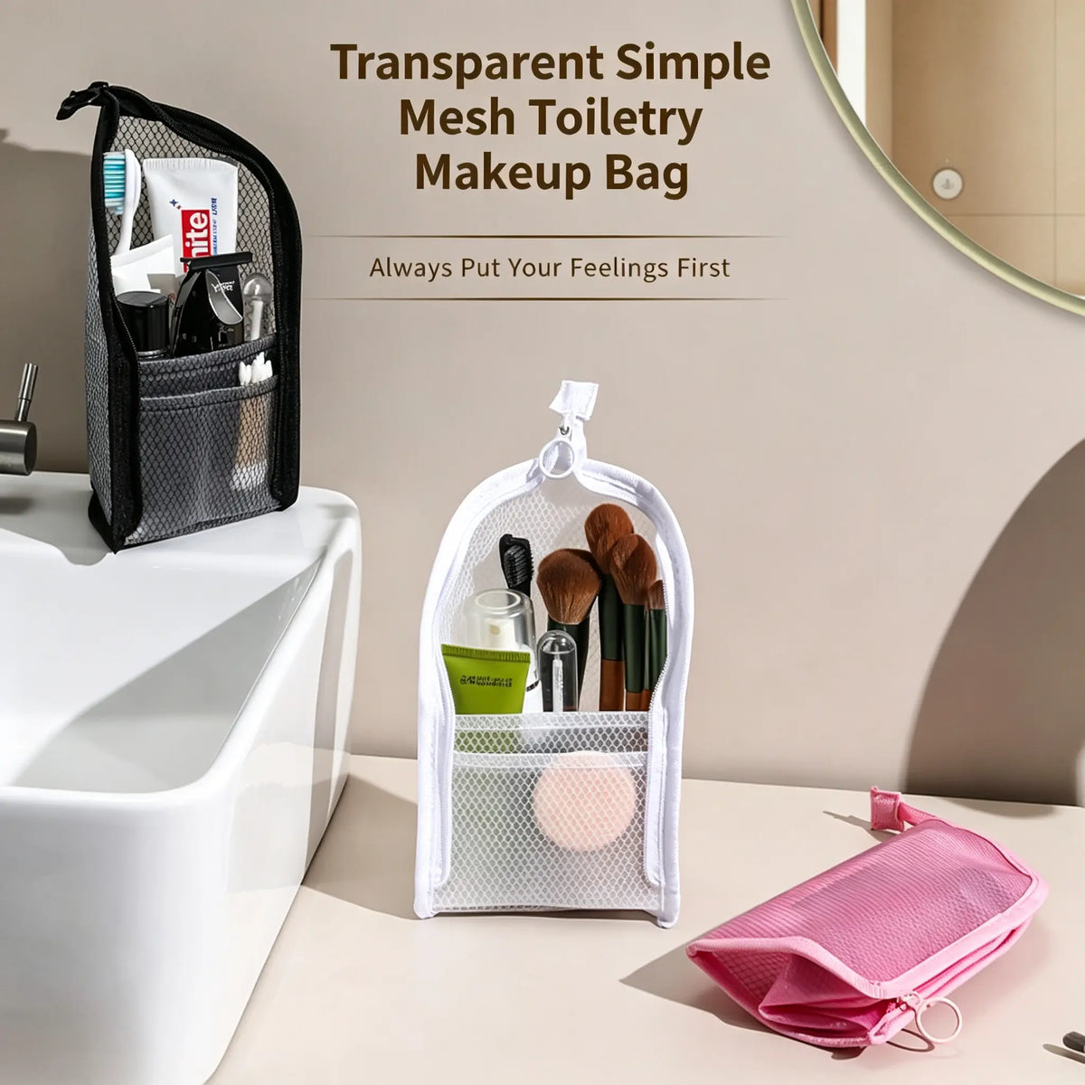 Standing Toiletry Bag, Foldable Travel Toiletry Bag, Hanging Portable Lightweight Waterproof Mesh Makeup Bag Organizer for Cosmetic Store and Toiletries