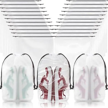 Clear Travel Shoe Bags 60-Pack (15.7x11.8 Inches) – Waterproof Drawstring Shoe Organizers for Packing, Essential Travel Gear for Men & Women