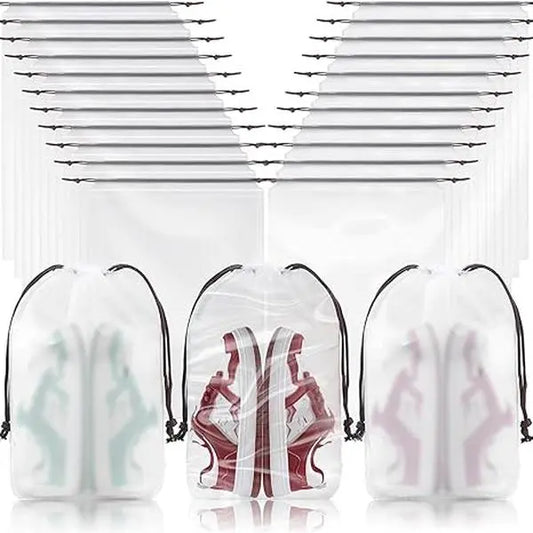 Clear Travel Shoe Bags 60-Pack (15.7x11.8 Inches) – Waterproof Drawstring Shoe Organizers for Packing, Essential Travel Gear for Men & Women
